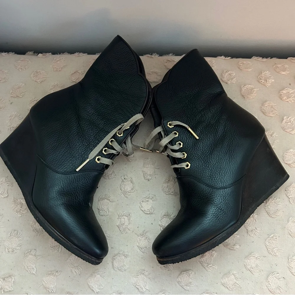 Chloe Wedge Lace Up Leather Heeled Ankle Boot Scallop Detail Black Leather 39 - Picture 9 of 15